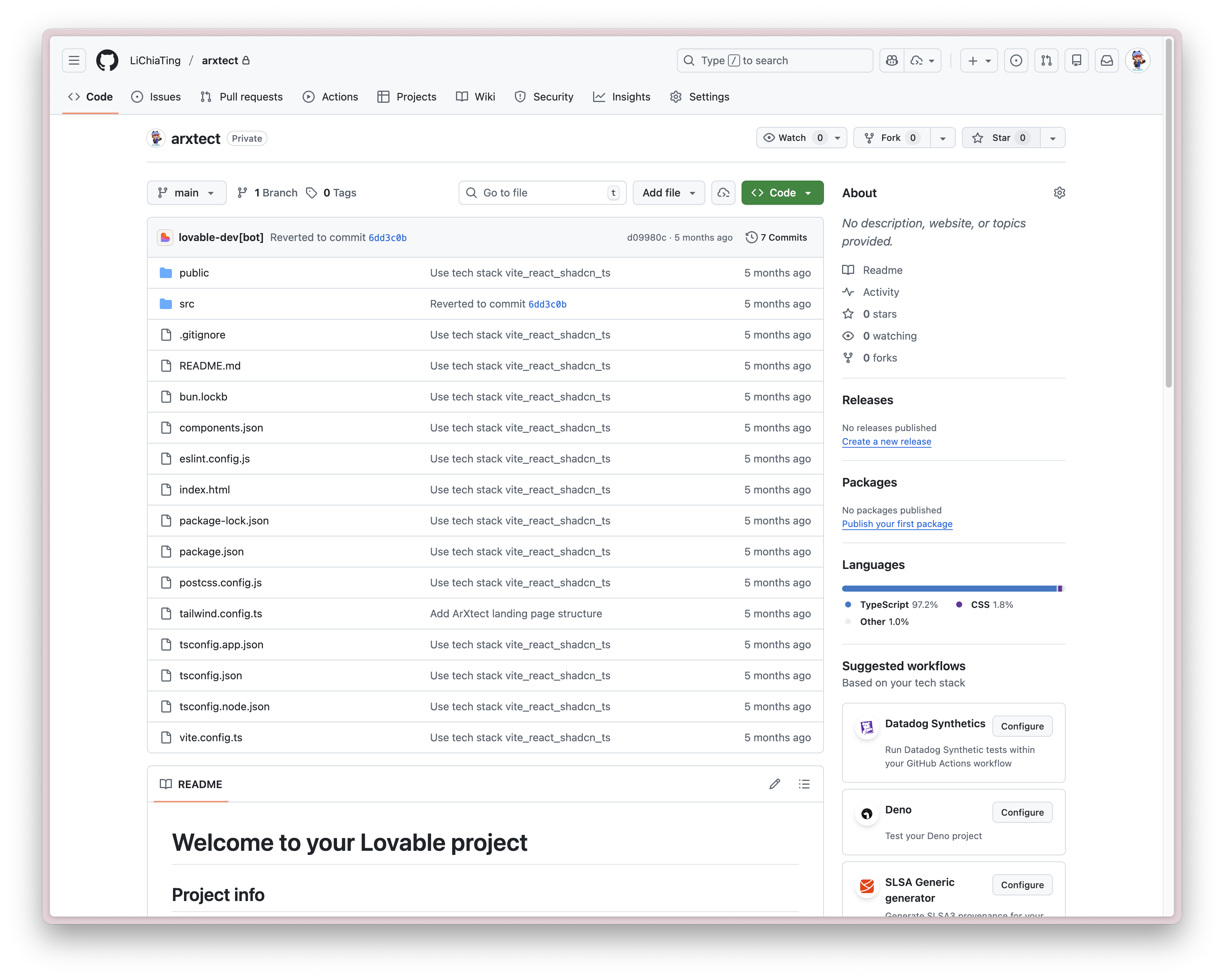arXtect GitHub repository with Dianne's commits