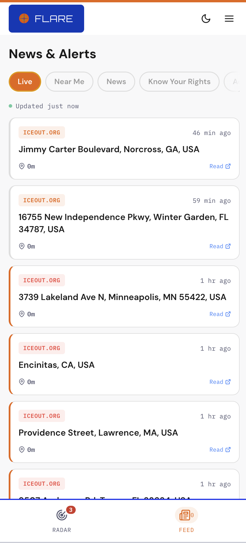 FLARE news feed with live ICE alerts