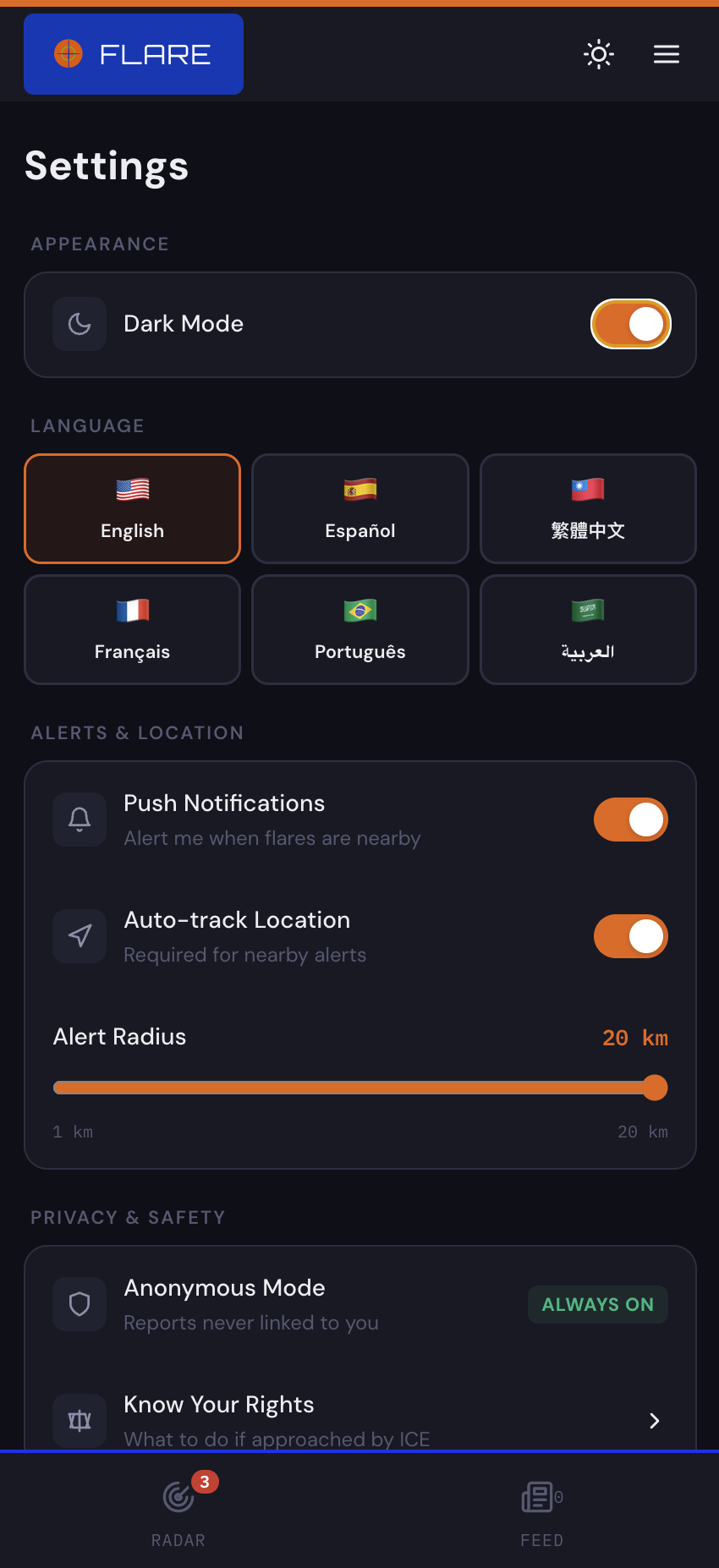 FLARE settings with dark mode and 6 languages