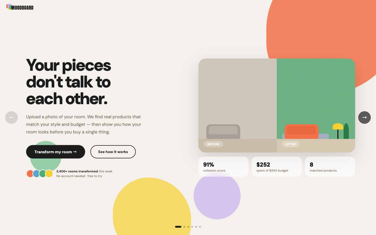 MoodBoard landing screen — Warm Studio design system